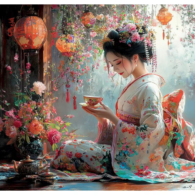 Japanese Living Lifestyle - Dipinto a Olio Stile Giapponese Donna,